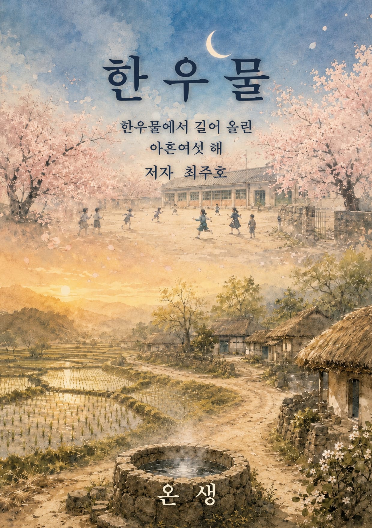 The printed front cover of Hanwoomul: a watercolour of a thatched village at dusk in cherry-blossom season, children running in a schoolyard, and a stone well at the end of the lane